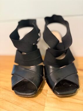 PRADA Black Leather Elastic Crisscross Strap Platform Heels Sandals 38 Italy